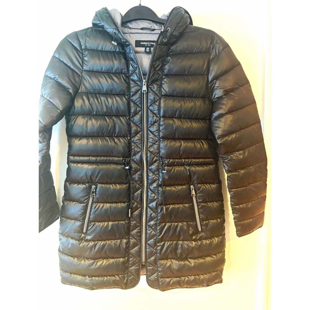 Kenneth Cole New York Womens Black Hooded Down Puffer Mid-Length Full Zip S